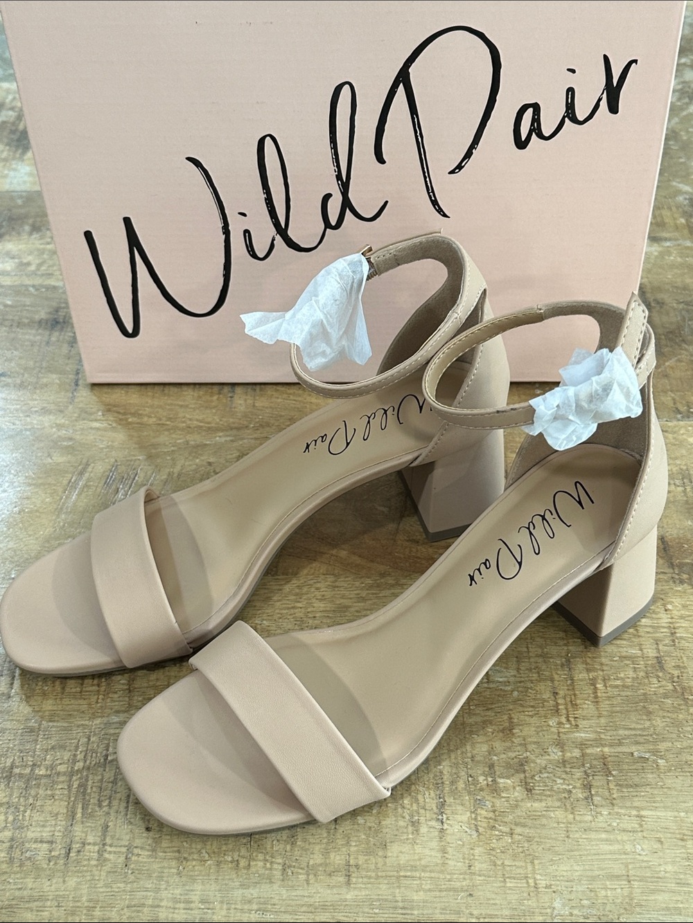 NWB Wild Pair Women’s Beige Ankle-Strap Block Heel Sandals
